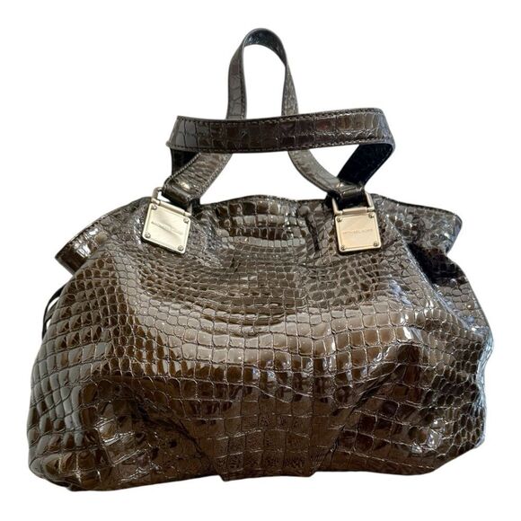 Michael Kors Brown Croc-Embossed Hobo Bag - Picture 1 of 14